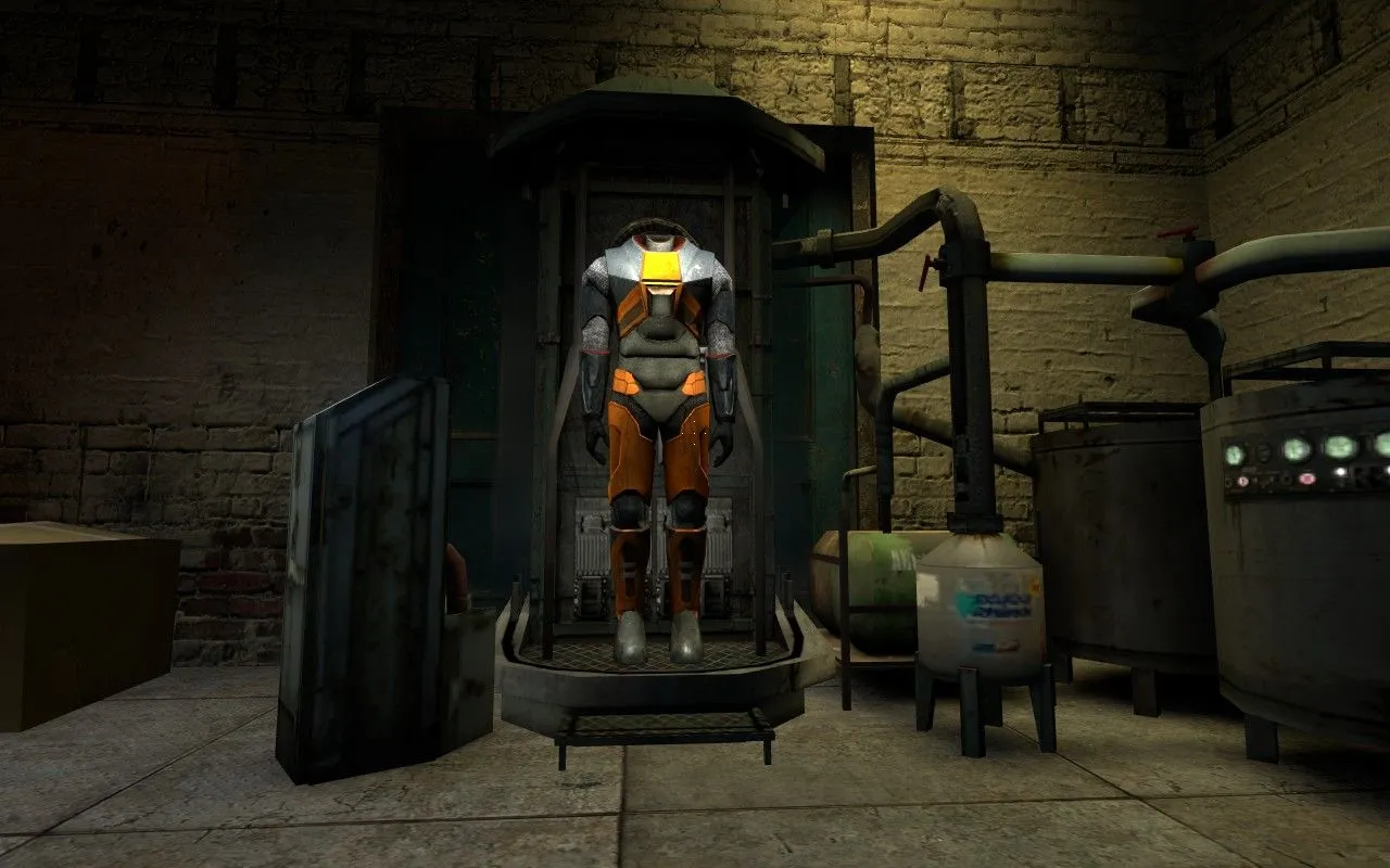 Màn hình chụp cảnh Gordon Freeman trong bộ đồ HEV của Half-Life 2 trên Steam Deck, thể hiện không khí game.