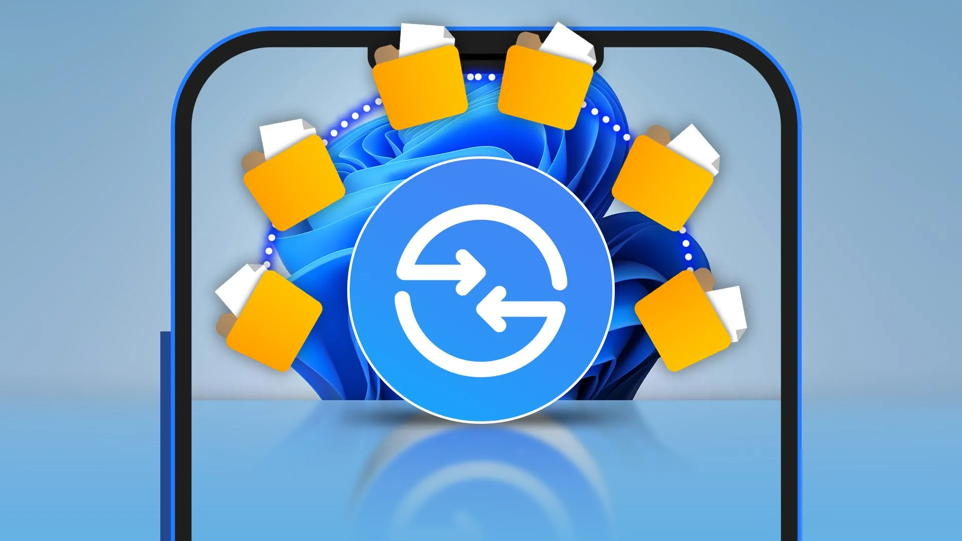 Màn hình điện thoại hiển thị logo Quick Share với các thư mục tệp xung quanh và hình nền Windows 11 ở phía sau.