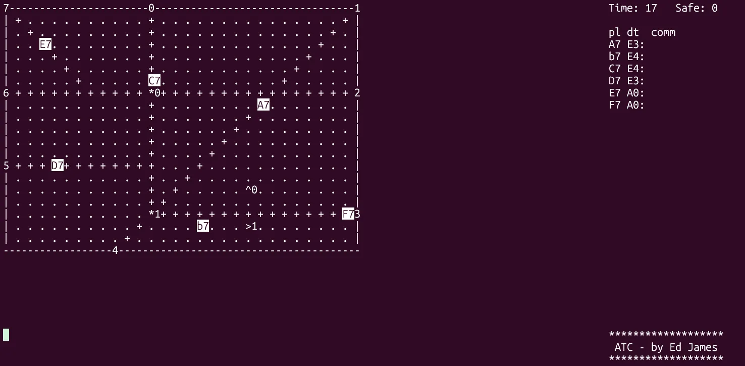 Màn hình game atc của BSD, mô phỏng điều khiển không lưu trên terminal.
