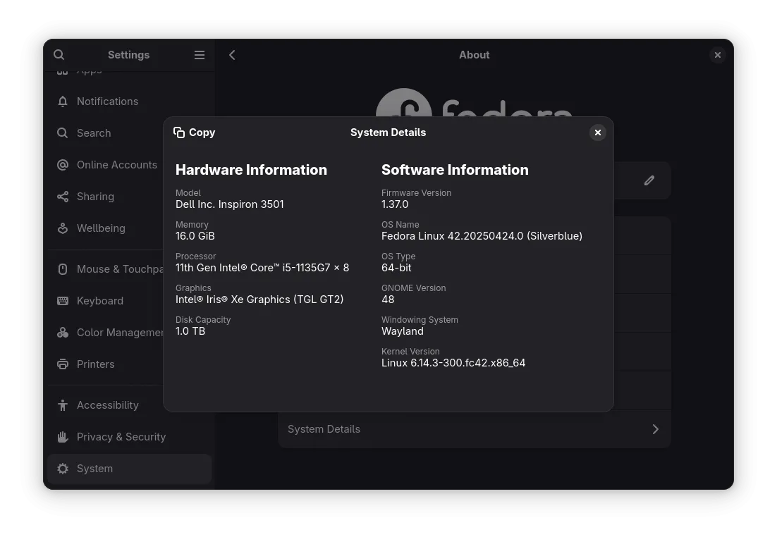 Màn hình &quot;Giới thiệu&quot; trong Cài đặt GNOME của Fedora, thể hiện thông tin hệ thống ổn định