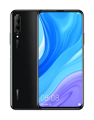 Màn hình hiển thị toàn vẹn, không khuyết điểm của Huawei Y9s màu đen Midnight Black, với camera selfie pop-up đã thu gọn.