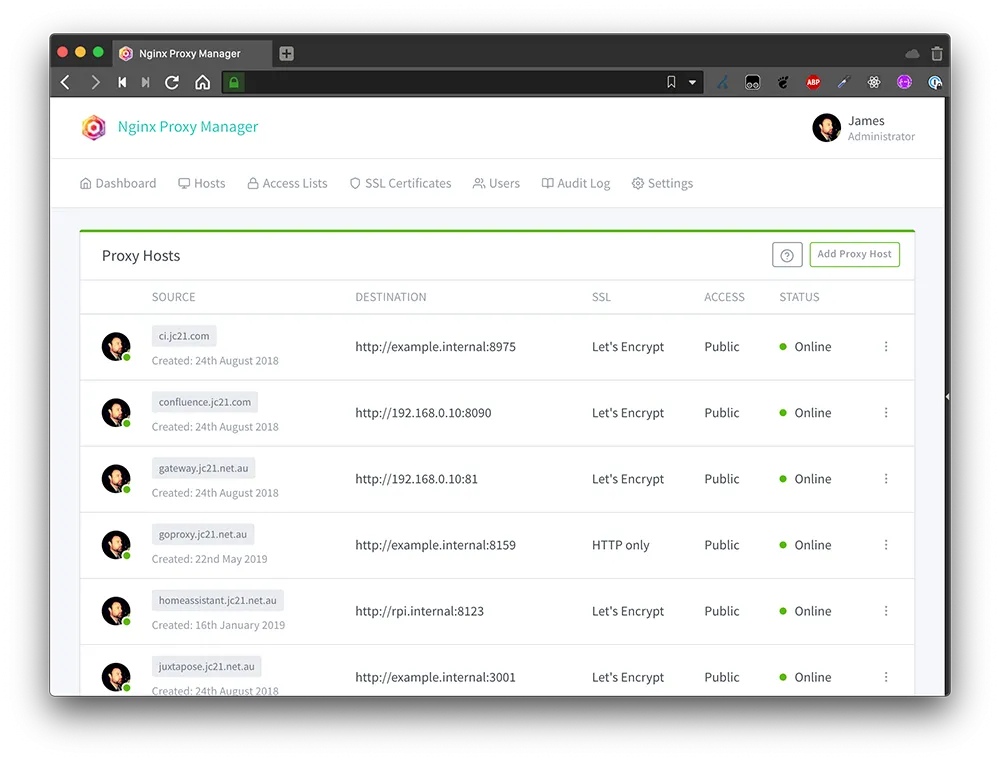 Màn hình host proxy của Nginx Proxy Manager hiển thị các tên miền đang được sử dụng để truy cập dịch vụ