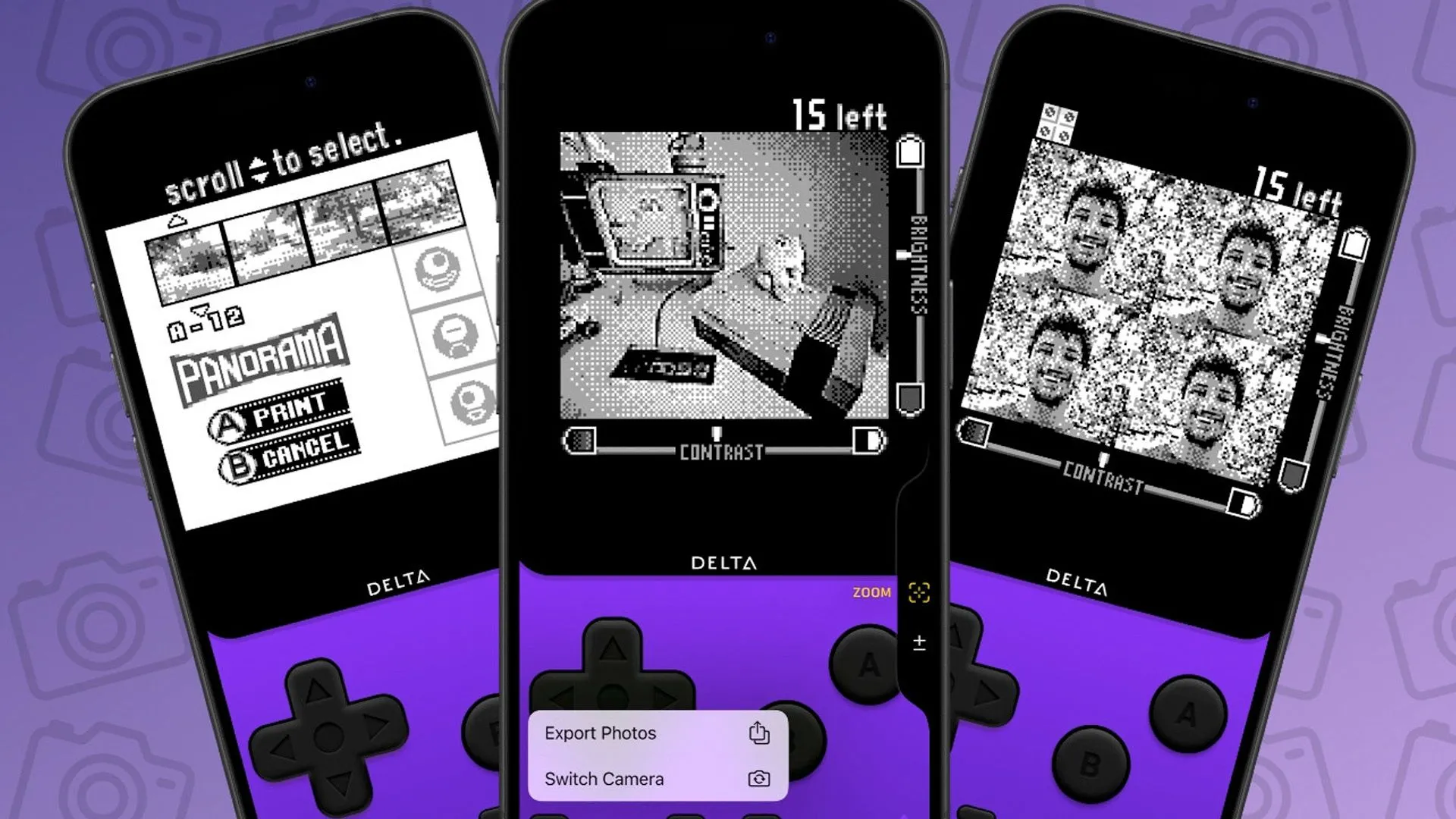 Màn hình iPhone hiển thị giao diện ứng dụng Delta Camera với hiệu ứng ảnh đen trắng kiểu Game Boy hoài niệm