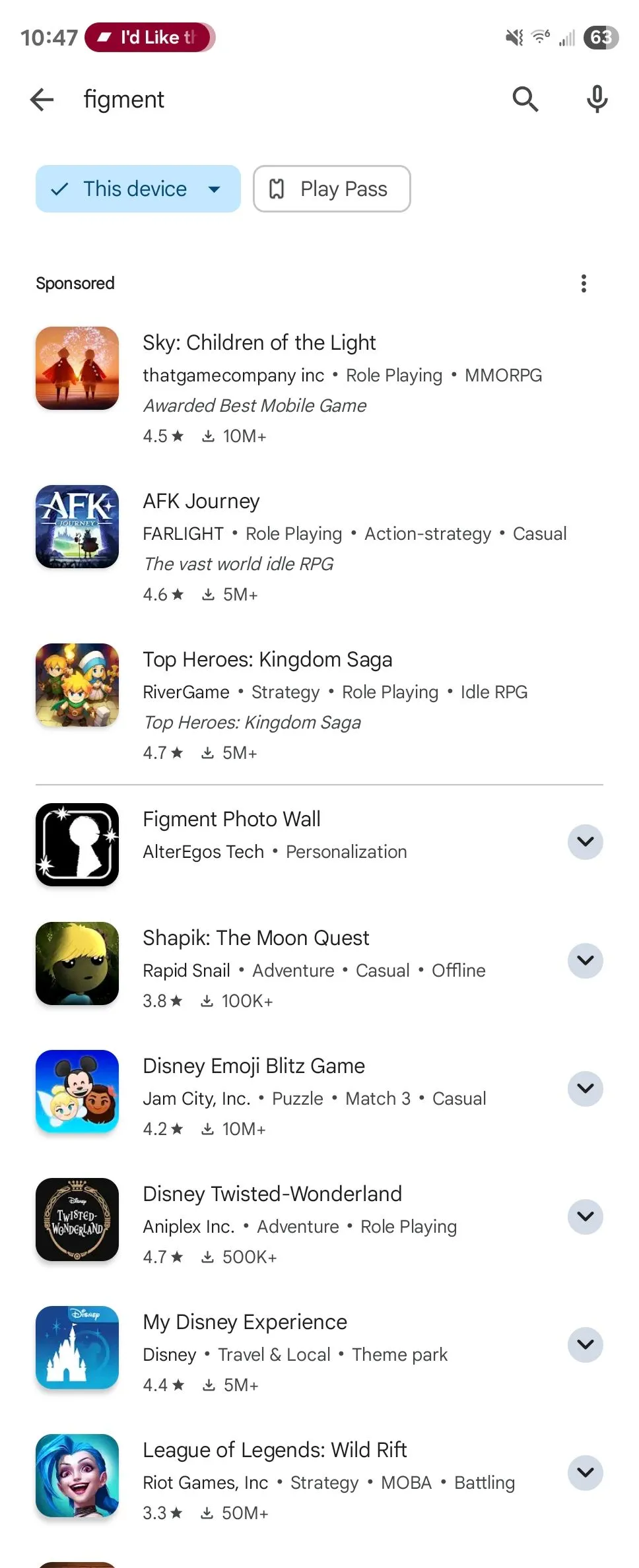 Màn hình kết quả tìm kiếm game Figment trên Google Play Store trên điện thoại Android, hiển thị không có kết quả phù hợp.