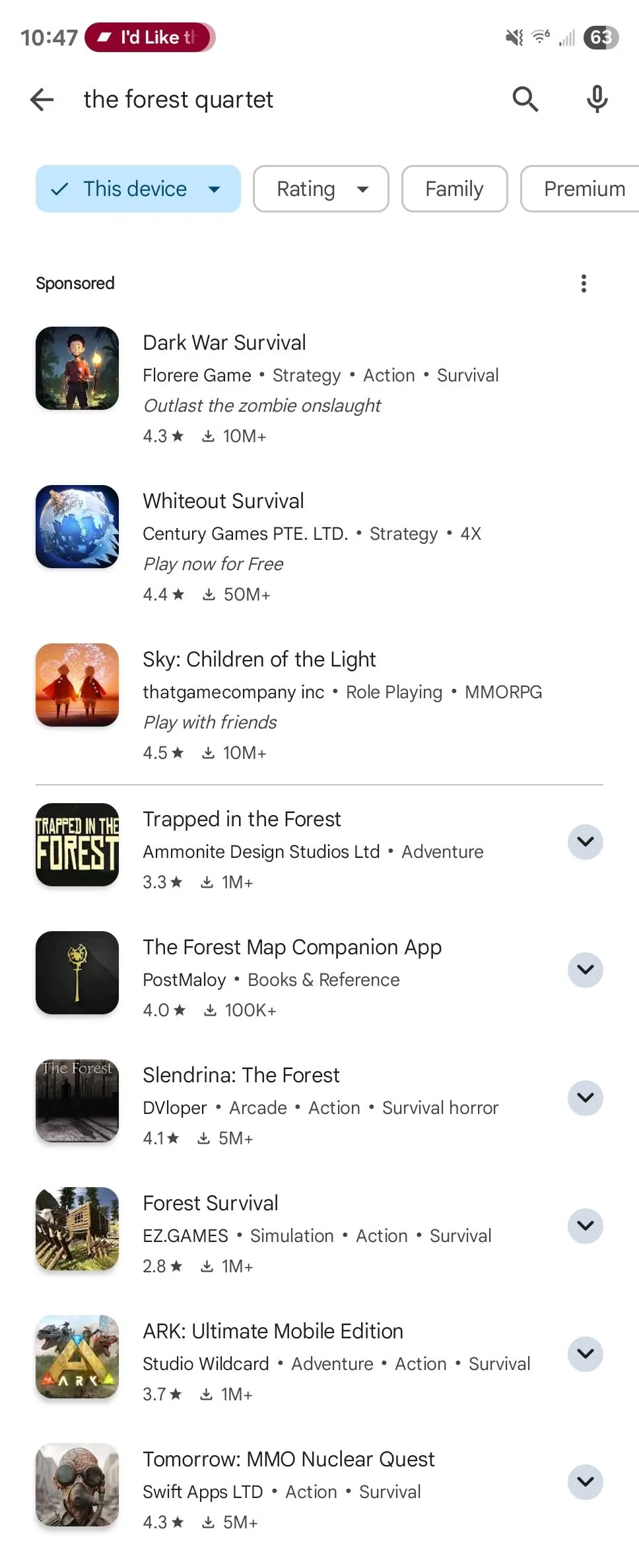 Màn hình kết quả tìm kiếm game The Forest Quartet trên Google Play Store trên điện thoại Android, hiển thị không tìm thấy game.