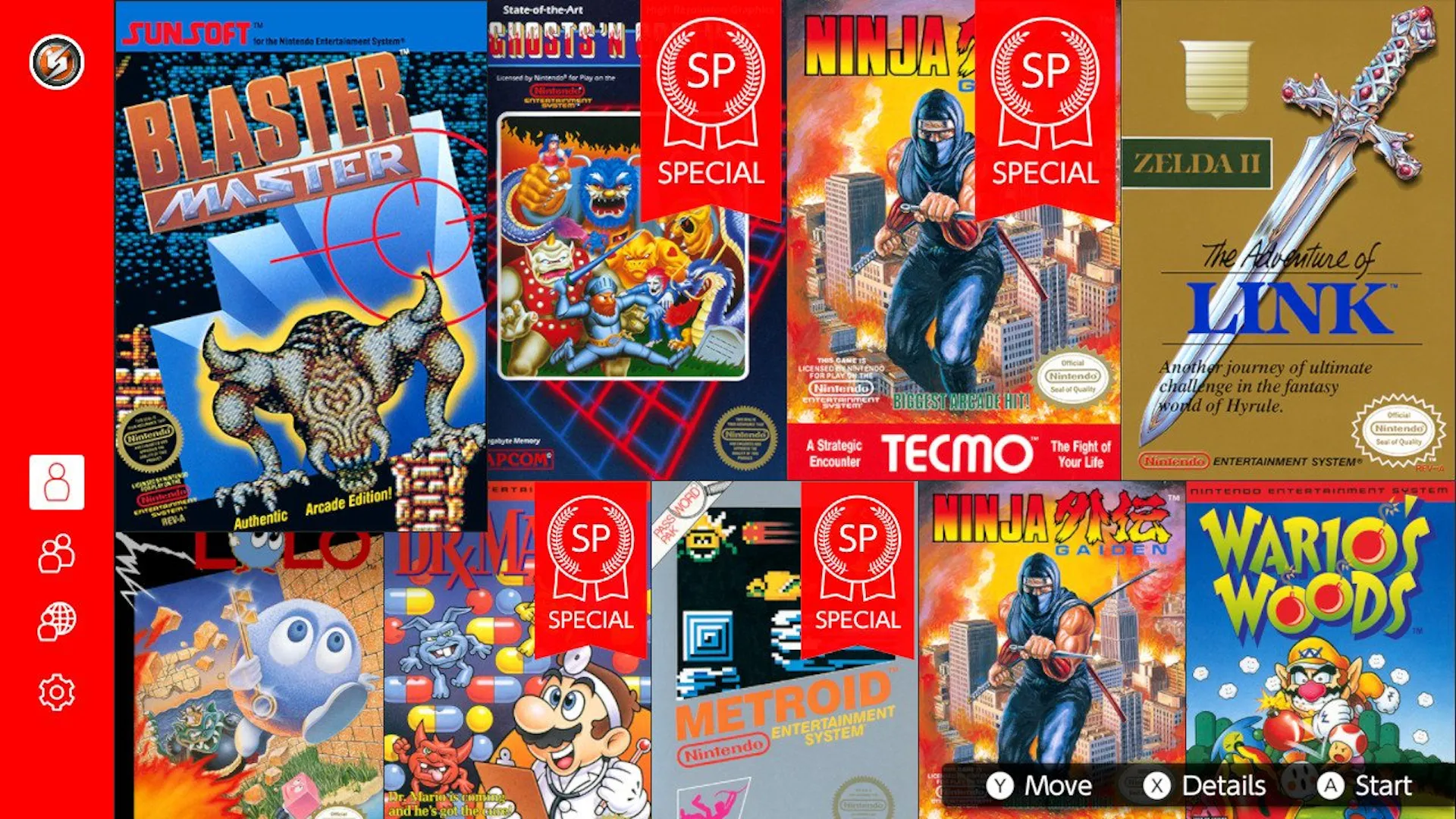 Màn hình lựa chọn các phiên bản &quot;SP&quot; của game NES trên ứng dụng giả lập Nintendo Switch Online.