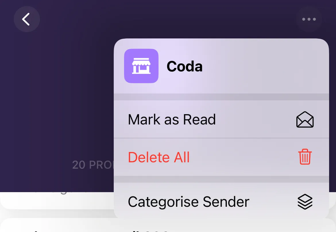 Màn hình phân loại lại người gửi email trong Apple Mail trên iPhone, cho phép chọn danh mục mới