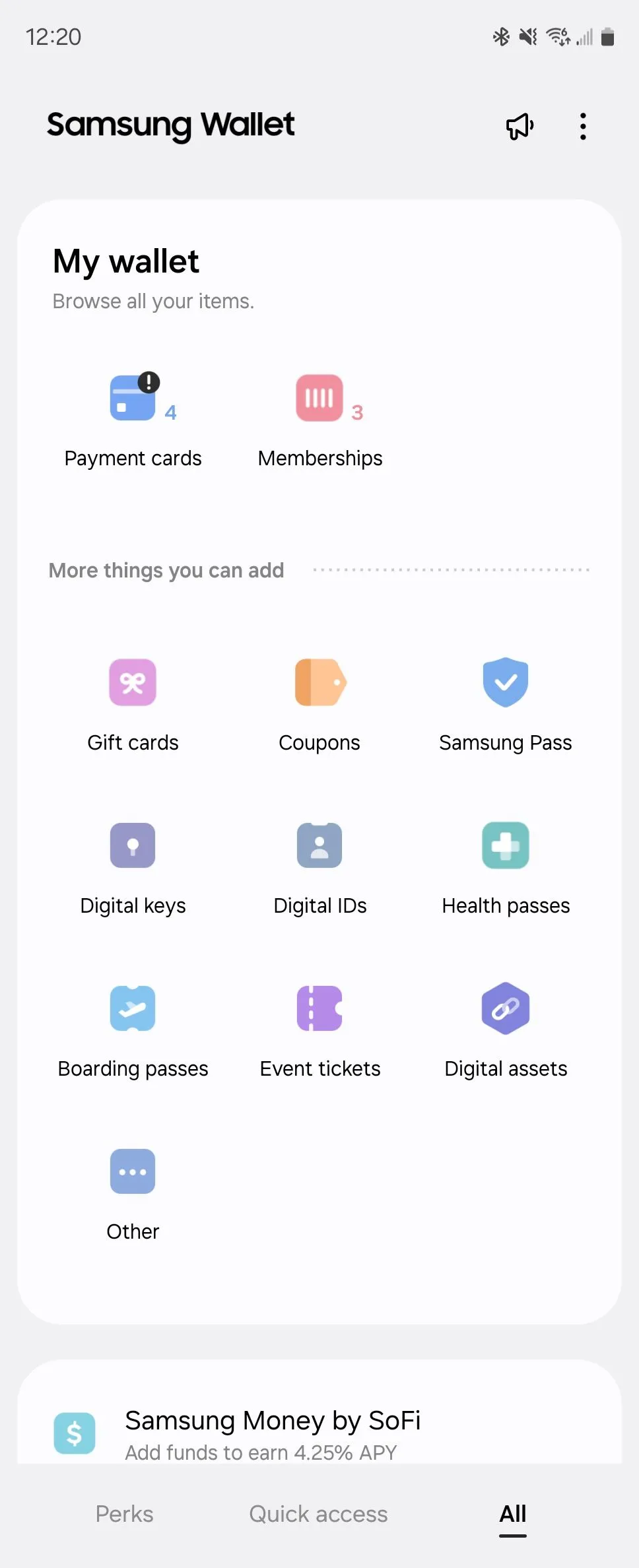 Màn hình ứng dụng Samsung Wallet trên điện thoại Galaxy, minh họa khả năng lưu trữ đa dạng các loại thẻ thanh toán, thẻ khách hàng thân thiết, phiếu giảm giá và nhiều loại tài sản số khác.