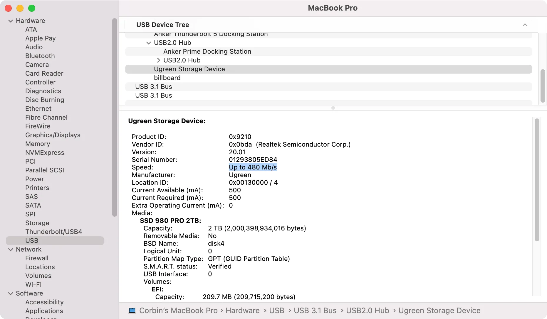 Màn hình ứng dụng System Information trên macOS hiển thị tốc độ liên kết USB 480 Mb/s khi kết nối qua cổng Thunderbolt hạ nguồn của Anker Prime Dock