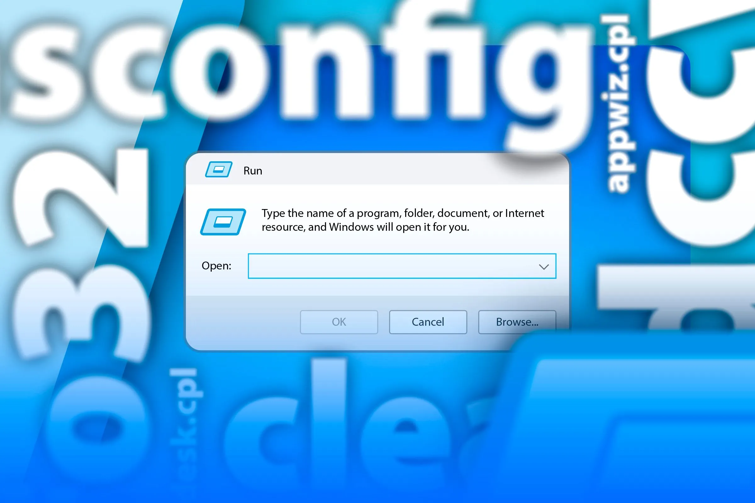 Màn hình Windows 11 hiển thị cửa sổ Run với nhiều lệnh khác nhau.