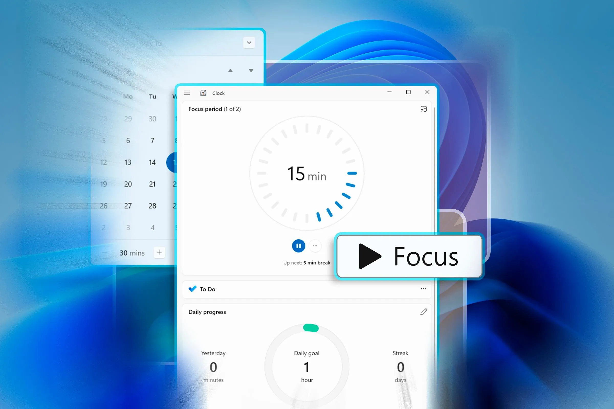 Màn hình Windows 11 hiển thị ứng dụng Đồng hồ đang ở chế độ phiên Tập trung, minh họa kỹ thuật Pomodoro.