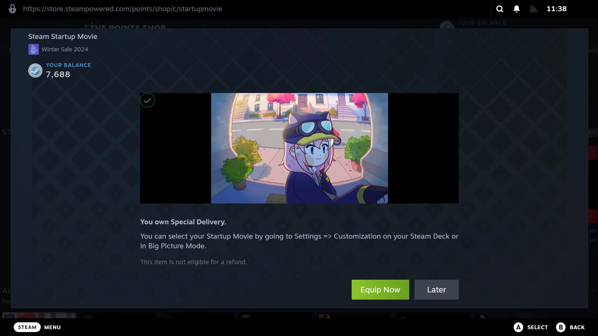 Màn hình xác nhận sau khi mua video khởi động Steam từ Cửa hàng Điểm, kèm tùy chọn 'Trang bị ngay'.
