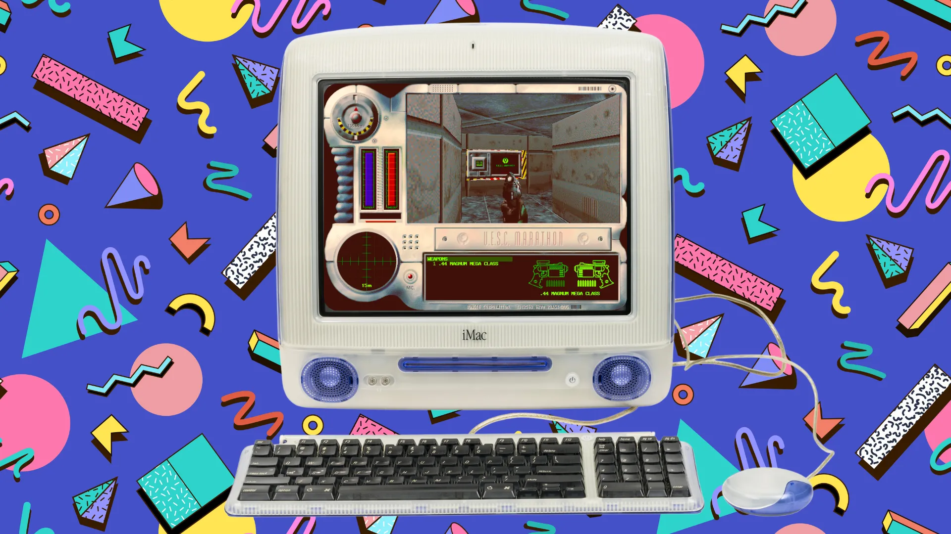 Marathon trên iMac G3 với họa tiết nền phong cách thập niên 90