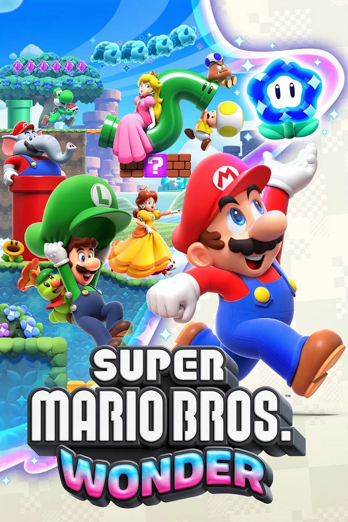 Mario cùng các nhân vật khác như Luigi, Peach và Toad trong Super Mario Bros. Wonder đang chạy trên một màn chơi đầy màu sắc