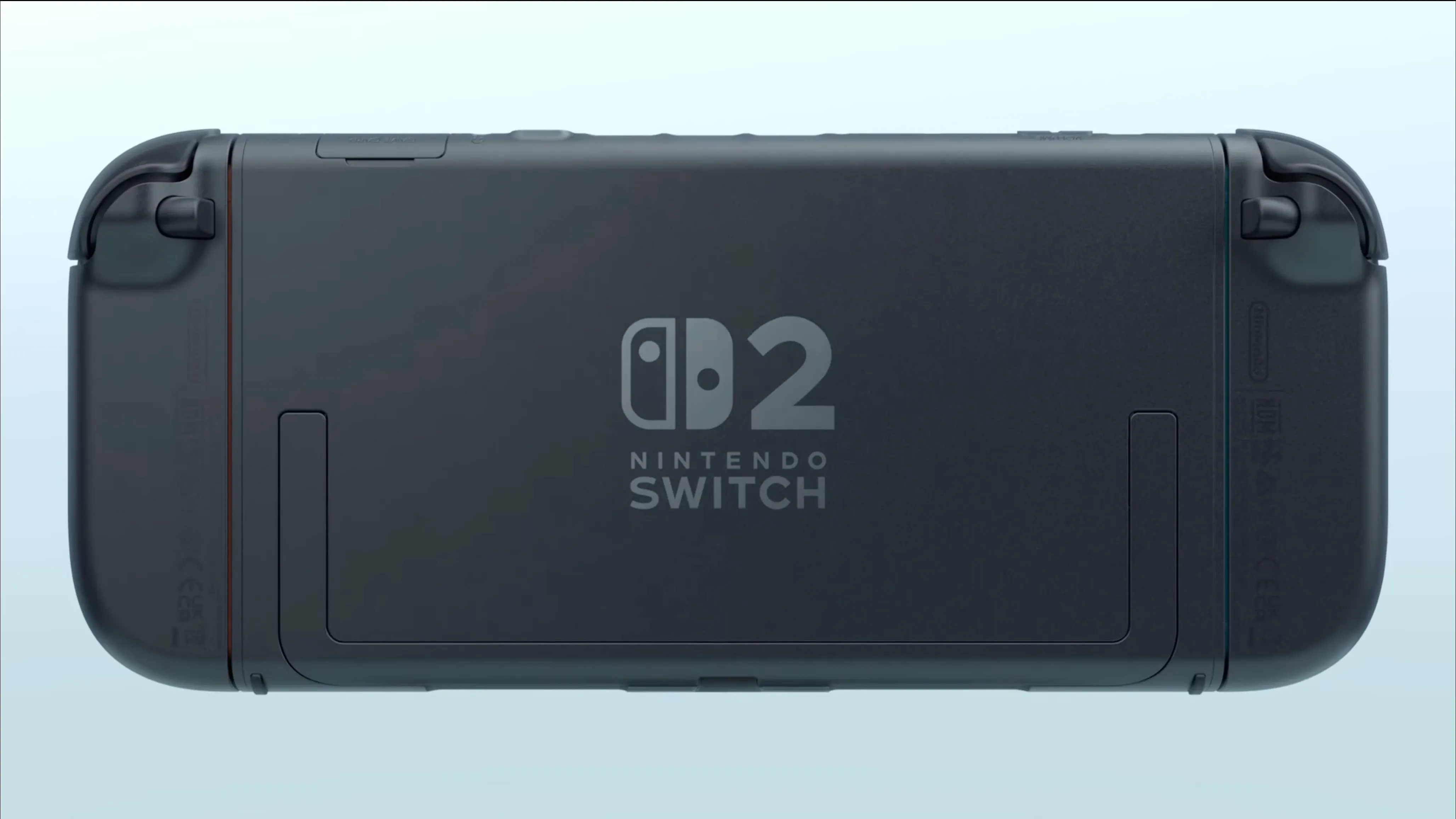 Mặt sau của console Nintendo Switch 2 với logo, thể hiện thiết kế hoàn thiện của thiết bị.
