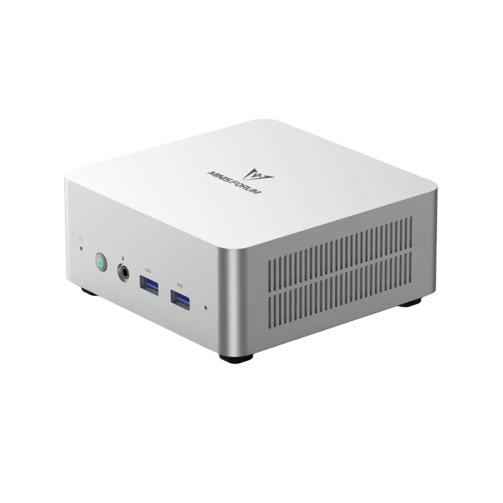 Mặt trước và mặt sau của Mini PC MINISFORUM UN1250 hiển thị các cổng kết nối đa dạng và thiết kế gọn gàng.