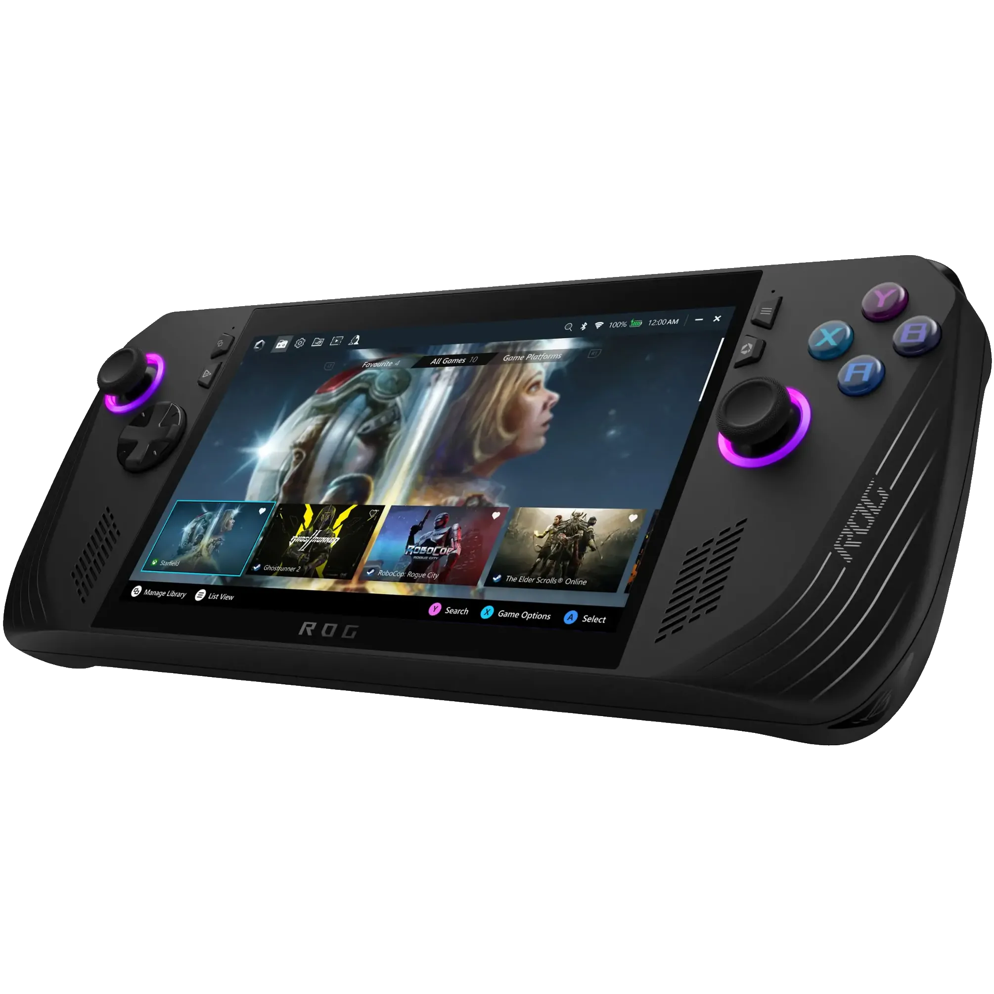 Máy chơi game cầm tay ASUS ROG Ally X màu đen với thiết kế công thái học và màn hình hiển thị sống động.