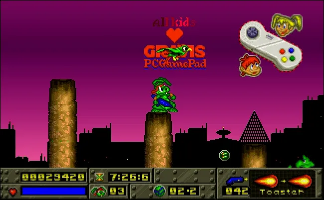Máy chơi game Gravis PC Gamepad trong Jazz Jackrabbit đang điều khiển nhân vật thỏ xanh.