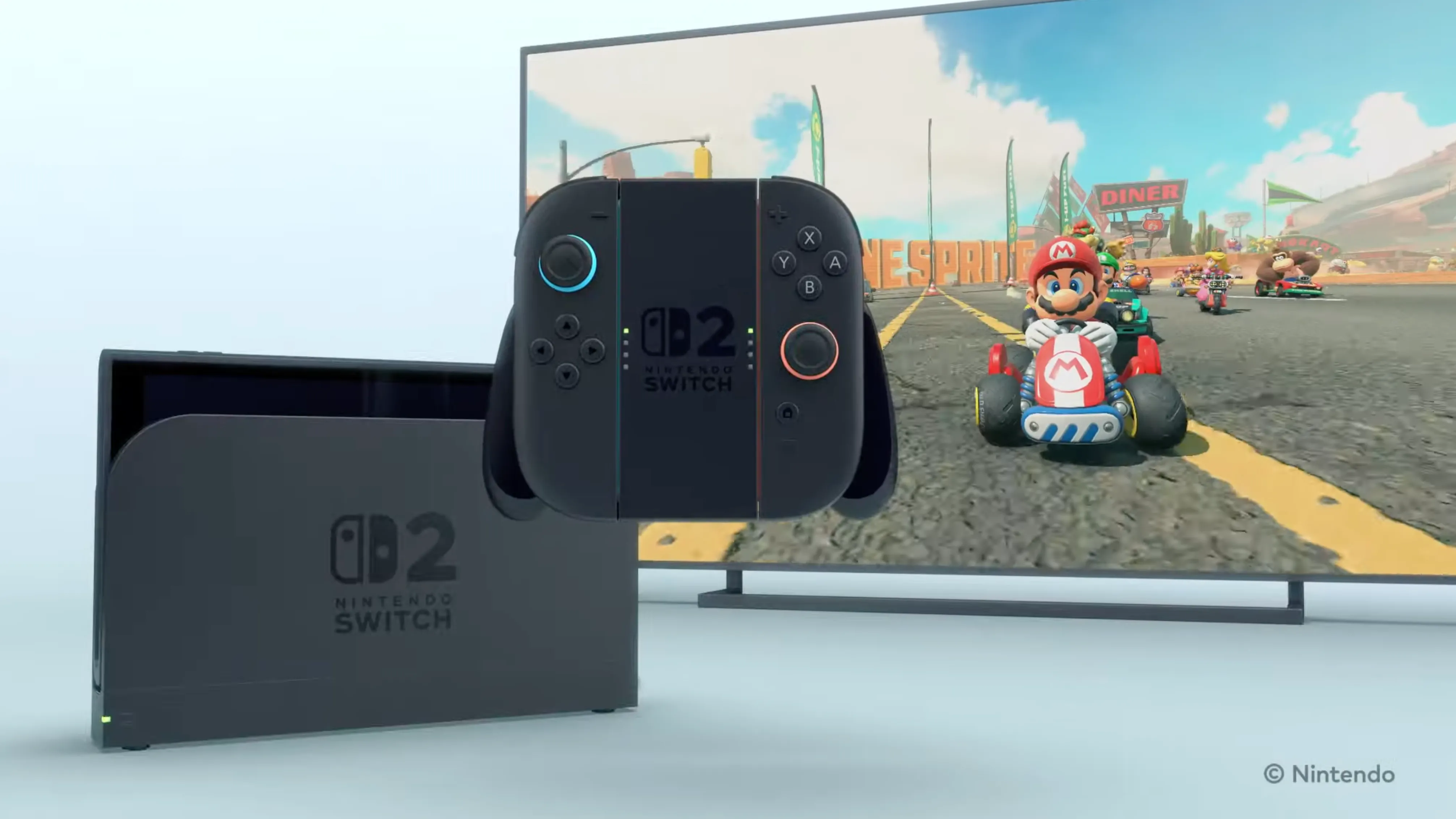 Máy Nintendo Switch 2 đang ở chế độ docked, hiển thị màn hình game Mario Kart World, minh họa gói giảm giá hấp dẫn