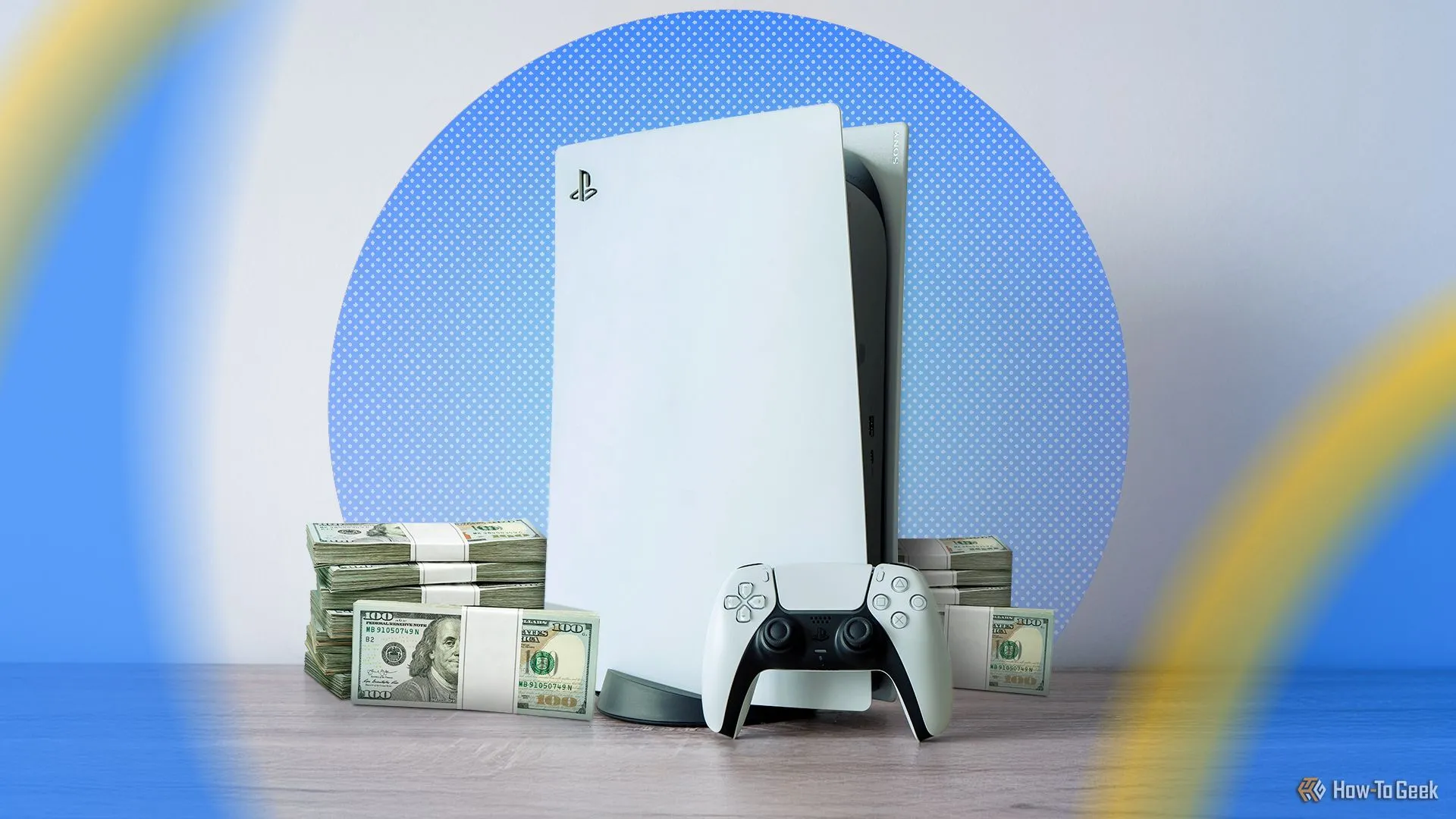 Máy PlayStation 5 cùng với một chồng tiền đô la