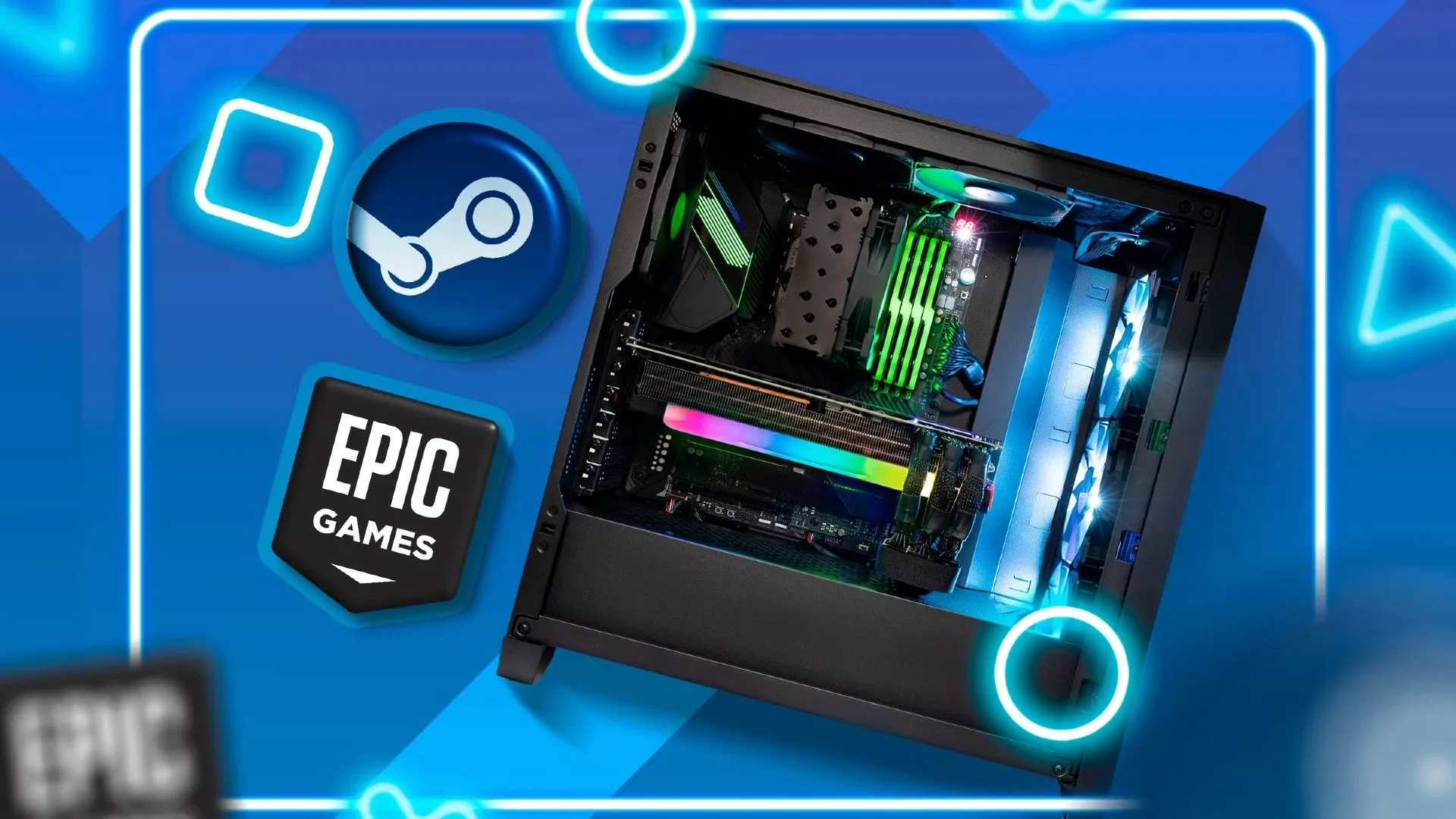 Máy tính chơi game có logo Epic Games và Steam, minh họa sự cạnh tranh giữa các nền tảng game