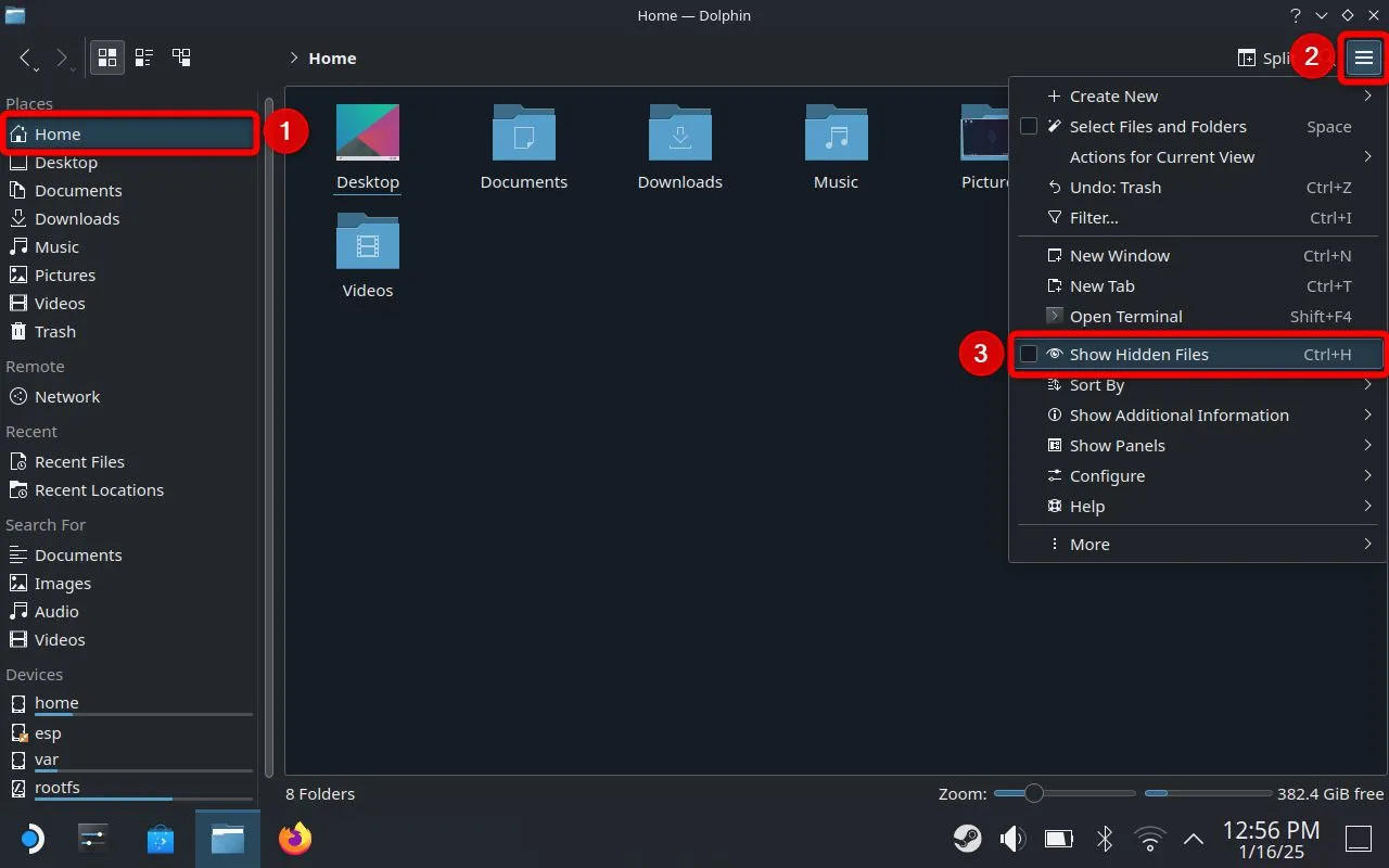 Menu ba gạch ngang (hamburger menu) trong Trình quản lý Tệp Dolphin trên Steam Deck, hiển thị tùy chọn 'Hiển thị Tệp Ẩn'.