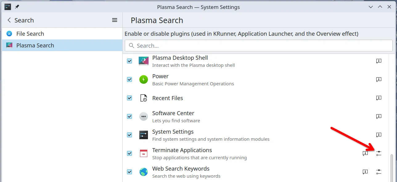 Menu cài đặt Plasma Search trong KDE, mũi tên chỉ vào nút cấu hình plugin, hướng dẫn tùy chỉnh KRunner