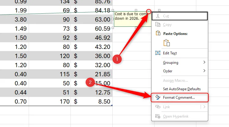 Menu chuột phải hiện ra khi nhấp vào cạnh của ghi chú trong Microsoft Excel, với tùy chọn &quot;Format Comment&quot; (Định dạng Bình luận) được chọn