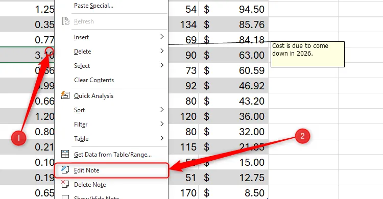 Menu chuột phải trên một ô trong Excel, với tùy chọn &quot;Edit Note&quot; (Chỉnh sửa ghi chú) được chọn để truy cập cài đặt ghi chú