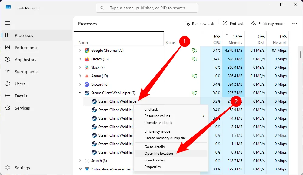 Menu chuột phải trên một tiến trình, với tùy chọn &quot;Mở vị trí tệp&quot; (Show File Location) được tô sáng.