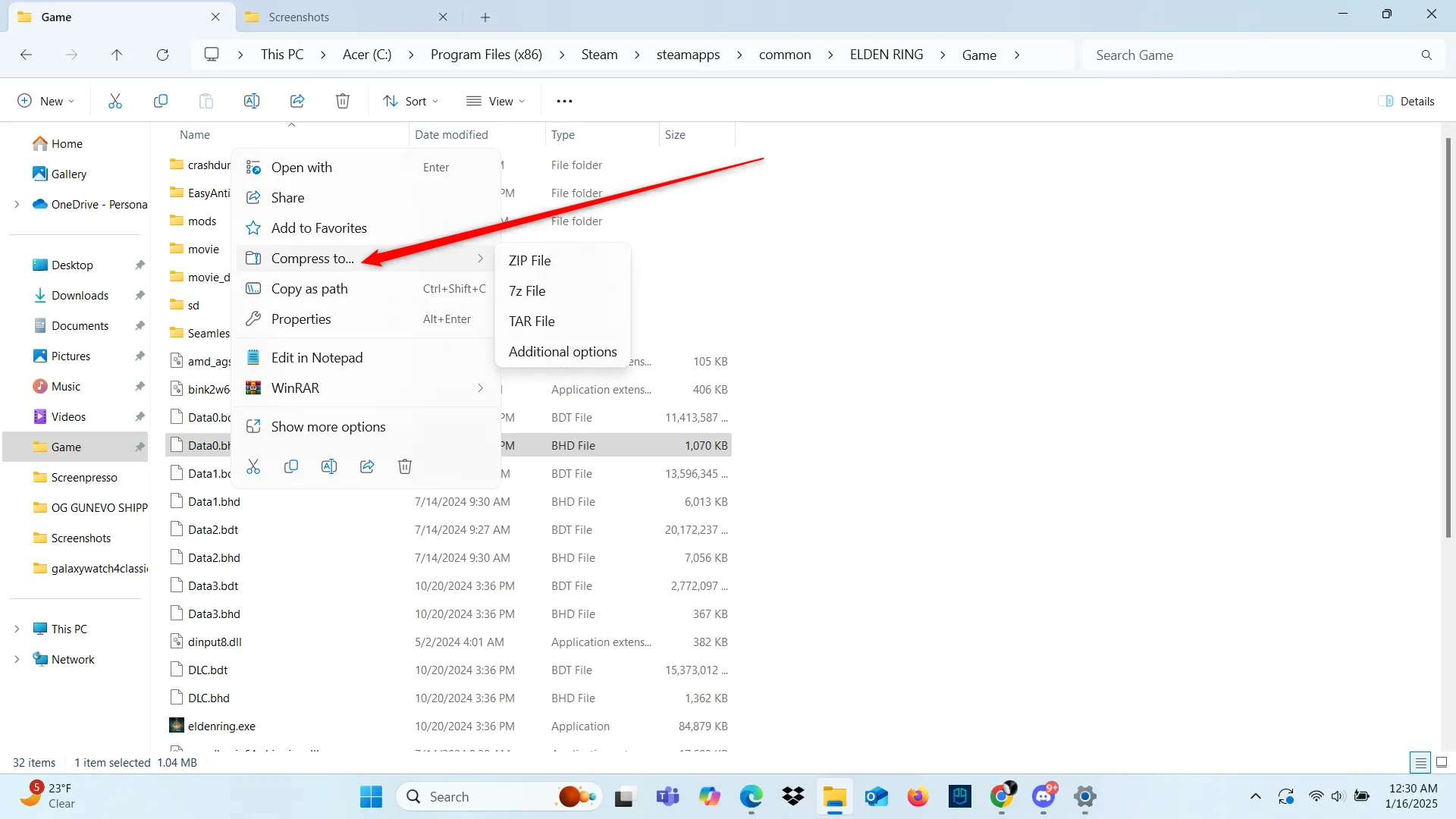 Menu &quot;Compress To&quot; trong File Explorer Windows 11, hiển thị các tùy chọn tạo tệp nén ZIP, 7z và RAR.