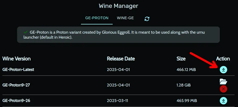 Menu quản lý Wine trong Heroic Games Launcher, mũi tên đỏ chỉ vào nút tải phiên bản GE-Proton mới nhất, hướng dẫn cài đặt lớp tương thích.