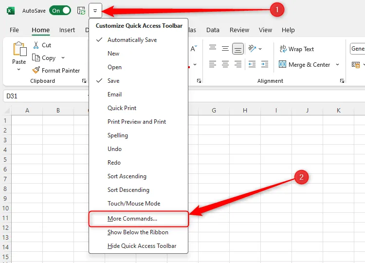 Menu thả xuống của Thanh công cụ Truy cập Nhanh của Excel với &quot;Lệnh khác&quot; được chọn