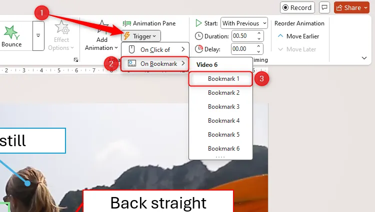 Menu thả xuống Trigger trong PowerPoint với tùy chọn On Bookmark được mở rộng và Bookmark 1 được chọn