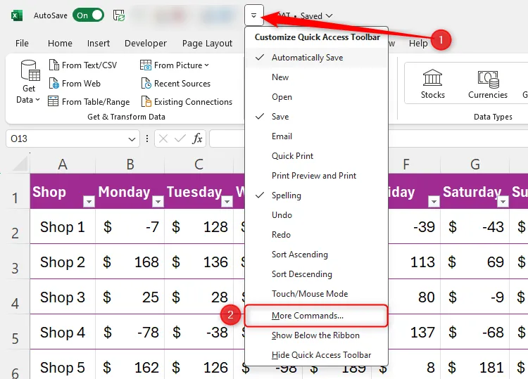 Menu tùy chỉnh Quick Access Toolbar trong Excel với tùy chọn More Commands được chọn.