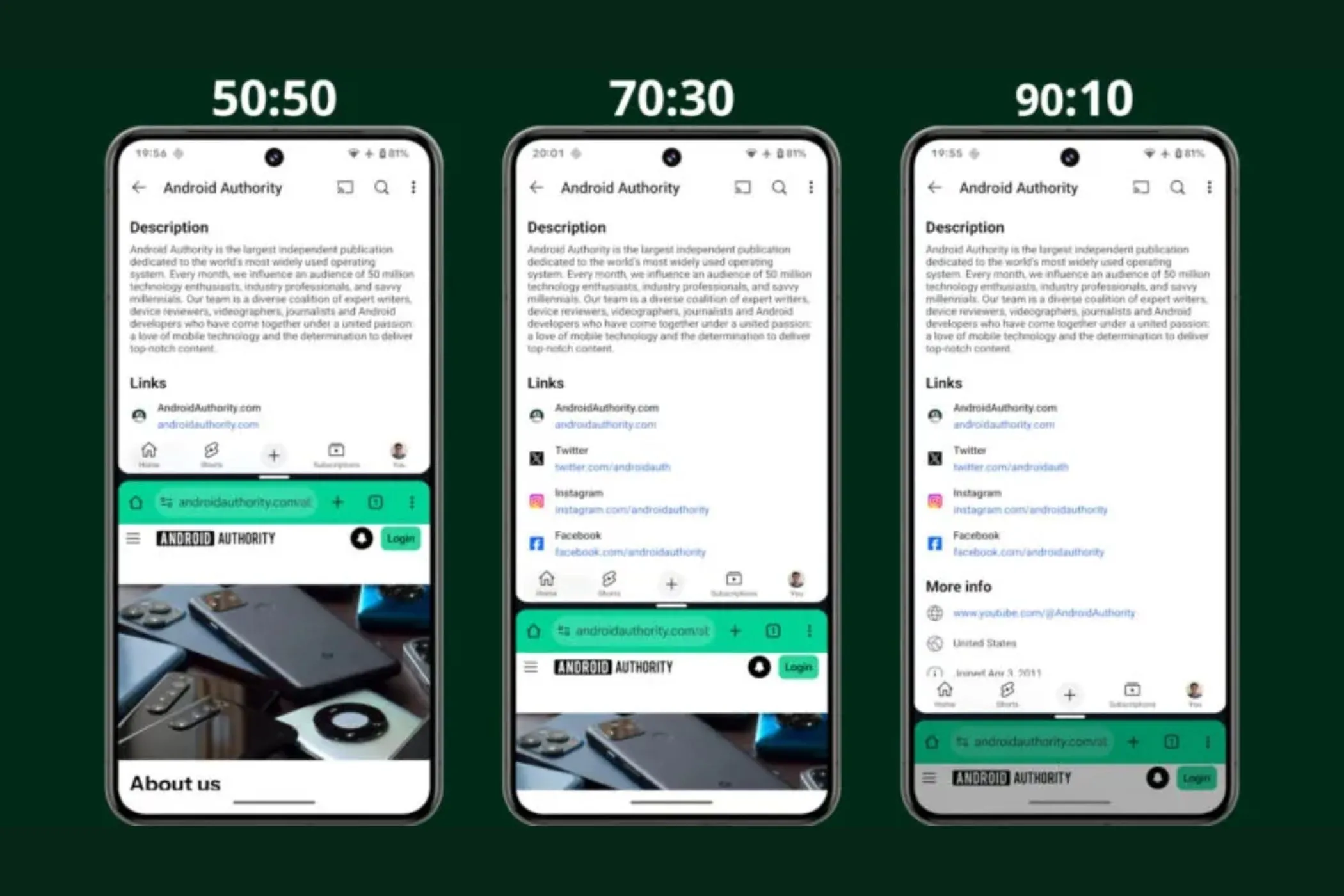 Minh họa các tỷ lệ chia đôi màn hình khác nhau trên Android, bao gồm chế độ 90:10 cải tiến của One UI 8 beta