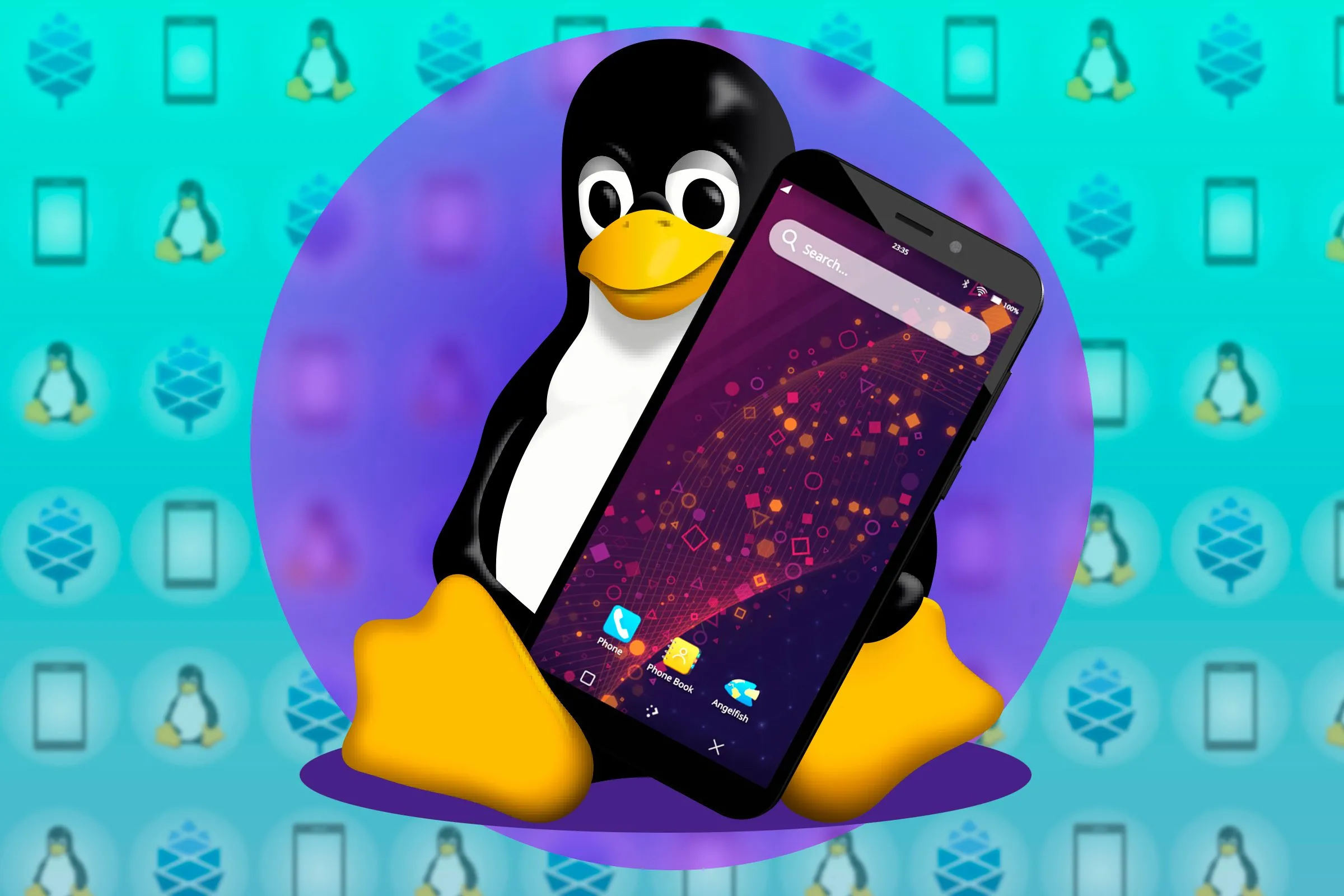 Minh họa linh vật Linux Tux đang cầm điện thoại thông minh, tượng trưng cho các điện thoại chạy hệ điều hành Linux và Sailfish OS.