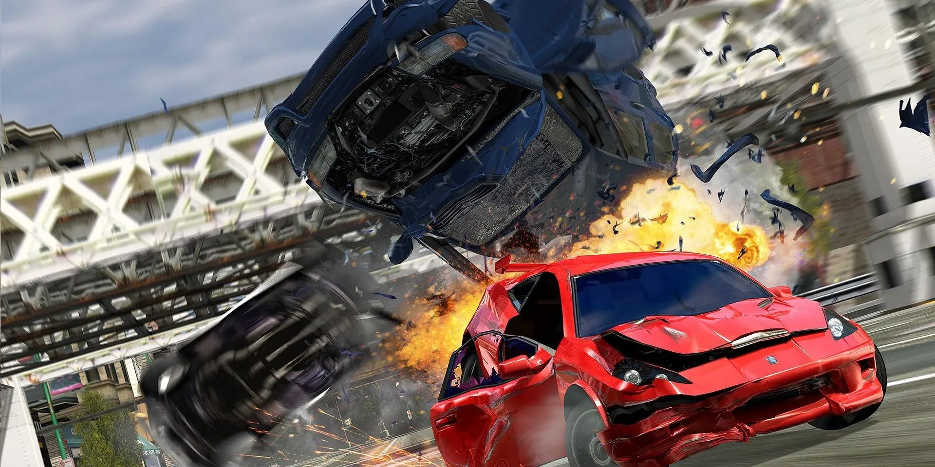 Minh họa va chạm liên hoàn trong Burnout 3 Takedown, nhấn mạnh yếu tố phá hủy và tốc độ