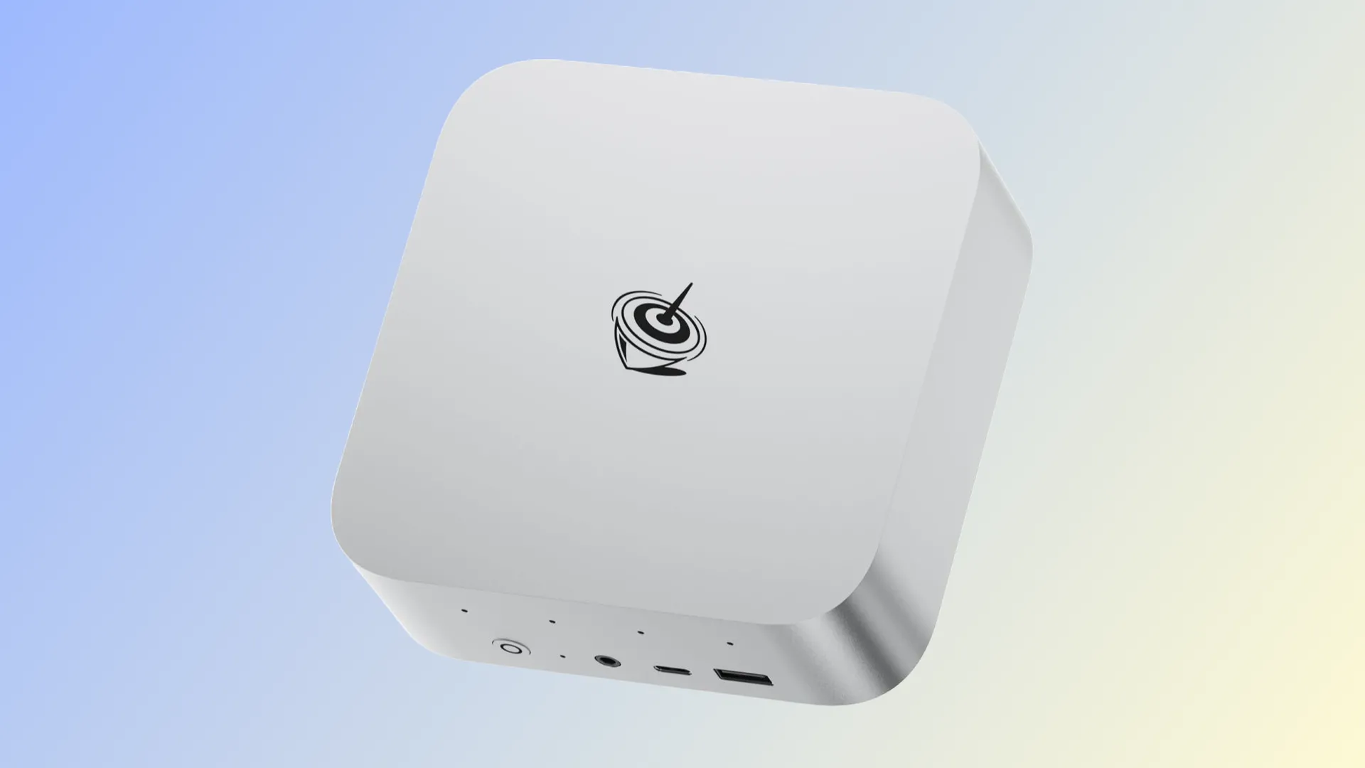 Mini PC Beelink SER9 Pro màu xám đen đặt trên nền xanh nhạt, thể hiện sự mạnh mẽ và sang trọng với thiết kế cao cấp.