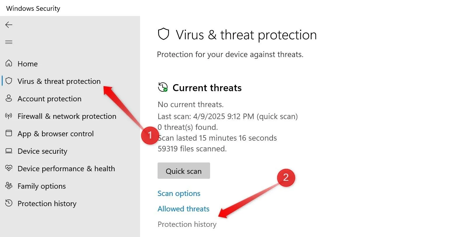 Mở mục Lịch sử Bảo vệ trong ứng dụng Bảo mật Windows để xem các mối đe dọa