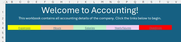 Một banner trong bảng tính Excel với các liên kết đến các bảng tính khác