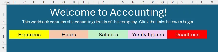 Một banner trong bảng tính Excel với các ô đã định dạng chứa liên kết đến các bảng tính khác