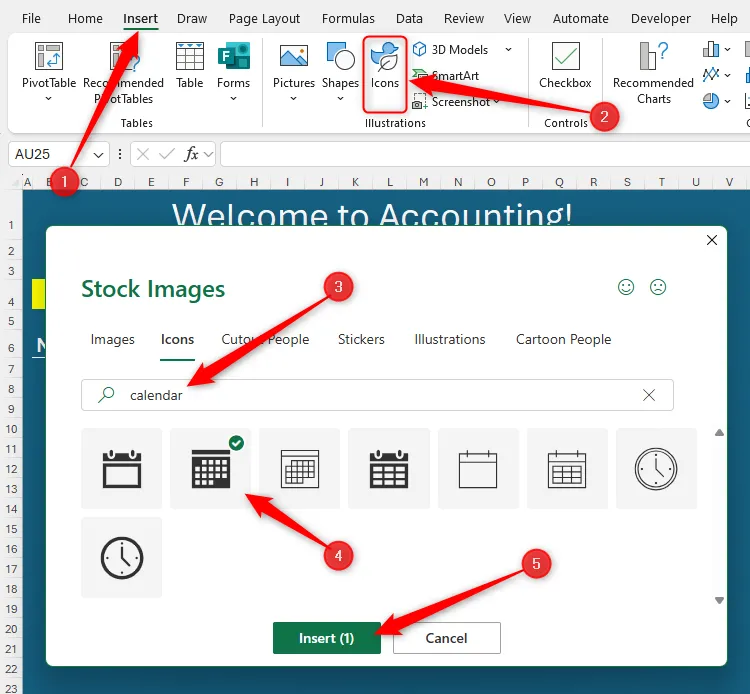 Một biểu tượng lịch được chọn trong hộp thoại Hình ảnh có sẵn trong Microsoft Word
