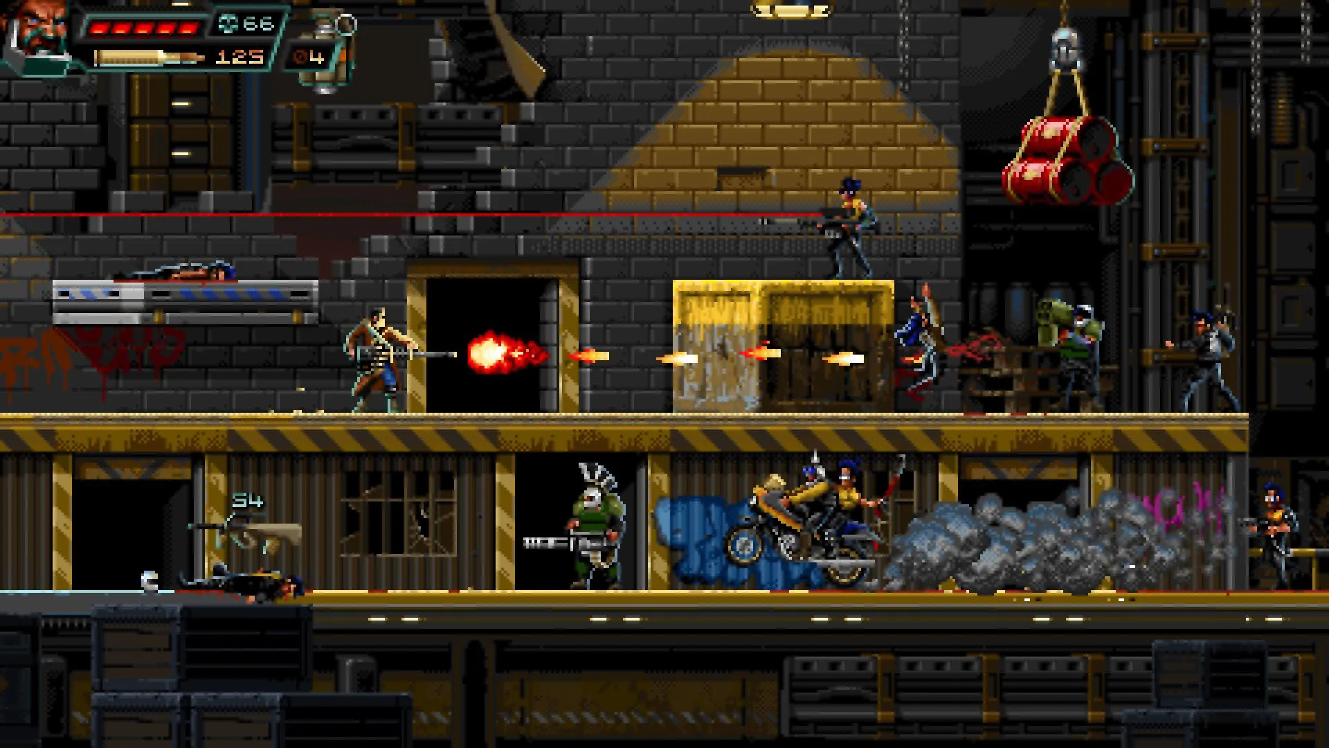 Một cảnh hành động từ game Huntdown, thể hiện gameplay run-and-gun retro với phong cách đồ họa pixel art đặc trưng.