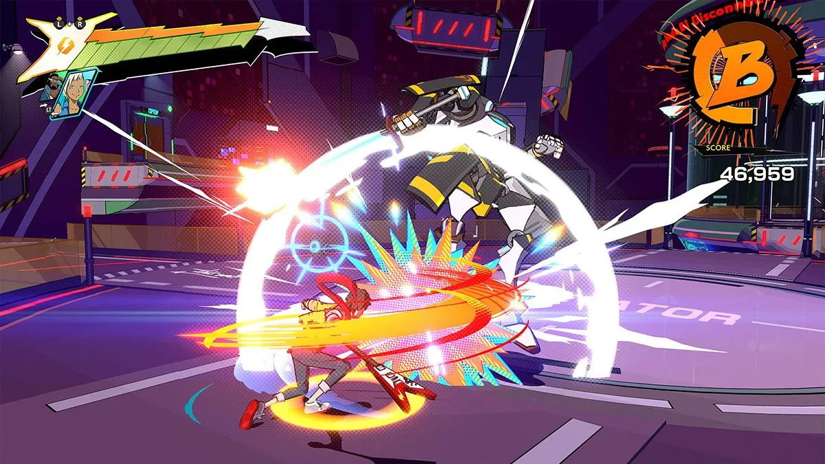 Một cảnh quay từ game Hi-Fi Rush của Tango Gameworks, hiển thị nhân vật chính Chai với cây đàn guitar và kẻ thù robot trong môi trường đầy màu sắc, nhịp điệu
