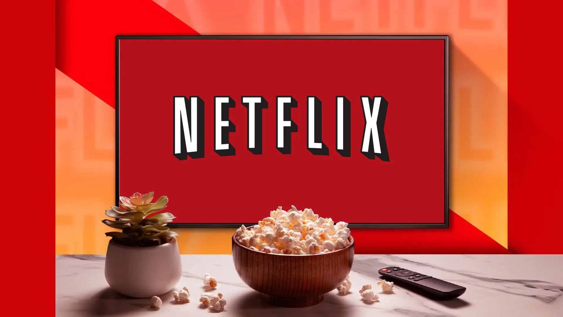 Một chiếc TV hiển thị logo Netflix cũ, đặt cạnh chậu cây, bát bỏng ngô và điều khiển từ xa trên bàn.