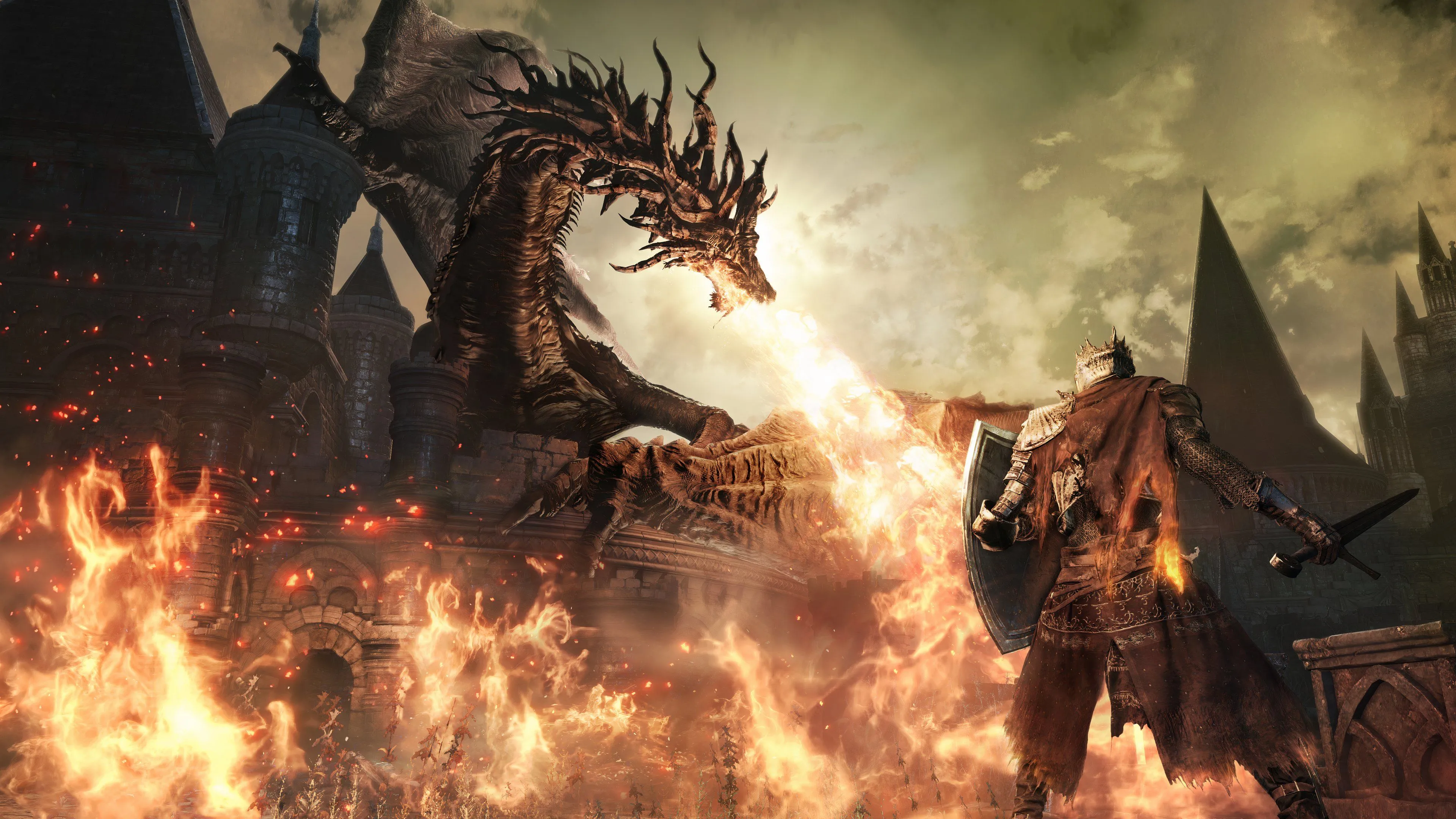 Một chiến binh đang đối đầu với rồng khổng lồ trong thế giới Dark Souls 3, thể hiện sự khắc nghiệt của spiritual successor Demon's Souls.