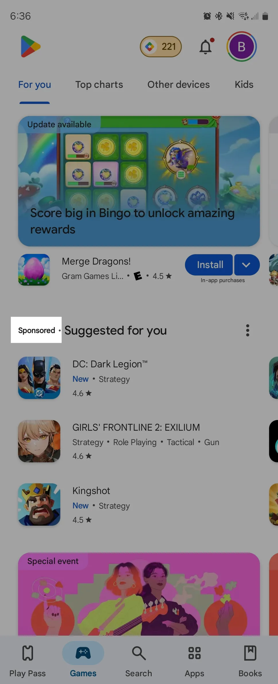Một danh sách các tựa game được tài trợ trên Google Play Store, minh họa cách các trò chơi quảng cáo xuất hiện trong danh sách.