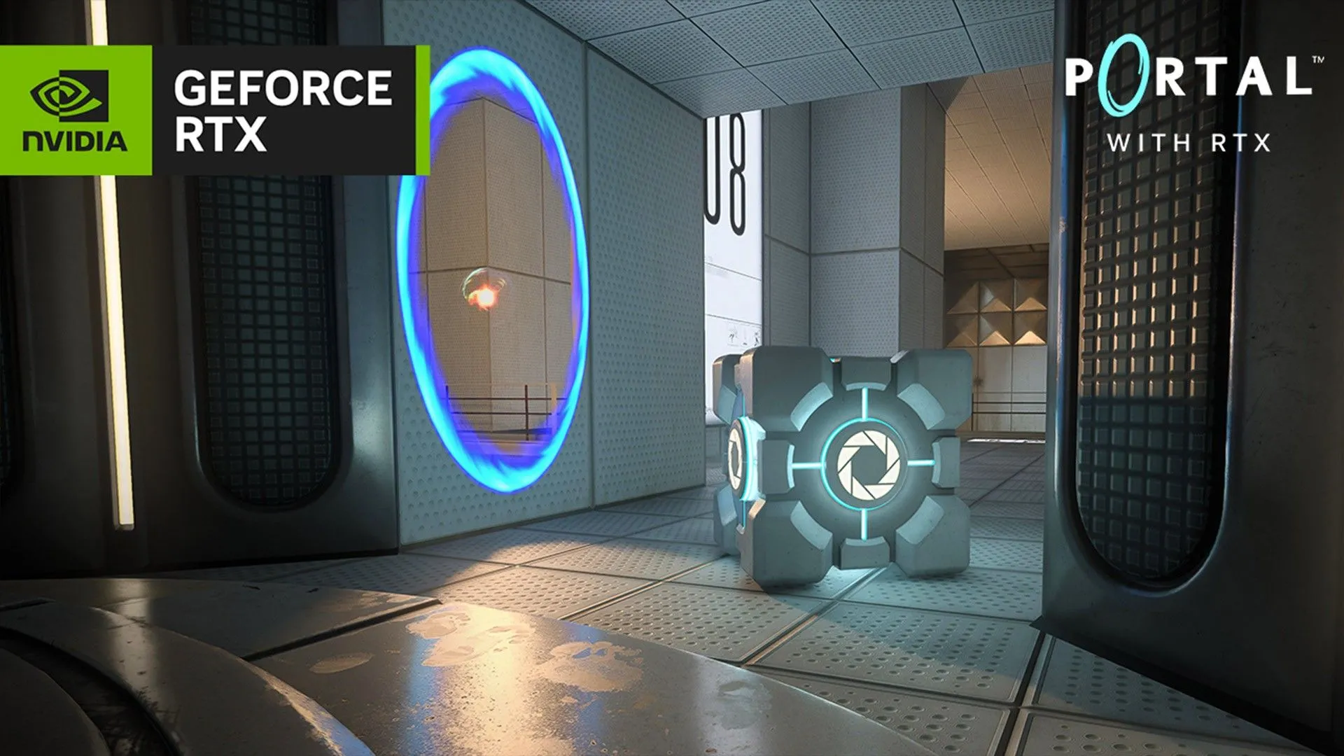 Một khối lập phương được chiếu sáng bởi công nghệ ray tracing, đặt cạnh cổng dịch chuyển màu xanh, minh họa hiệu ứng ánh sáng chân thực.