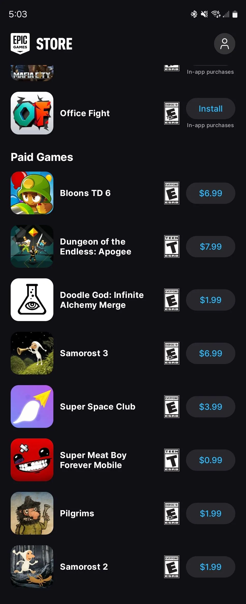 Một màn hình hiển thị thêm các tựa game được giới thiệu trên Epic Games Store Android.